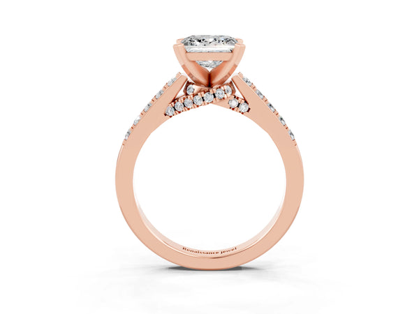 Rose gold Princess Cut Moissanite Solitaire Ring with Crossover Gallery and Round  Pavé Band