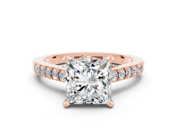 Rose gold Princess Cut Moissanite Solitaire Ring with Crossover Gallery and Round  Pavé Band