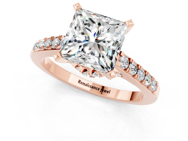 Rose gold Princess Cut Moissanite Solitaire Ring with Crossover Gallery and Round  Pavé Band