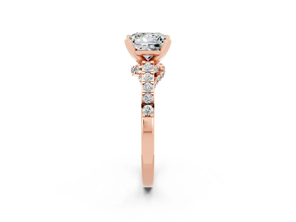 Rose gold Princess Cut Moissanite Solitaire Ring with Crossover Gallery and Round  Pavé Band
