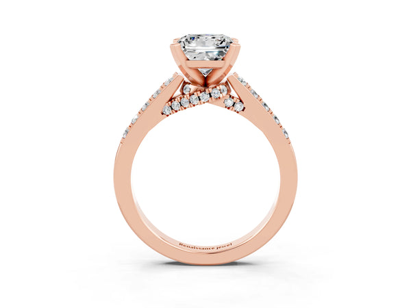 Rose gold Princess Cut Moissanite Solitaire Ring with Crossover Gallery and Round  Pavé Band
