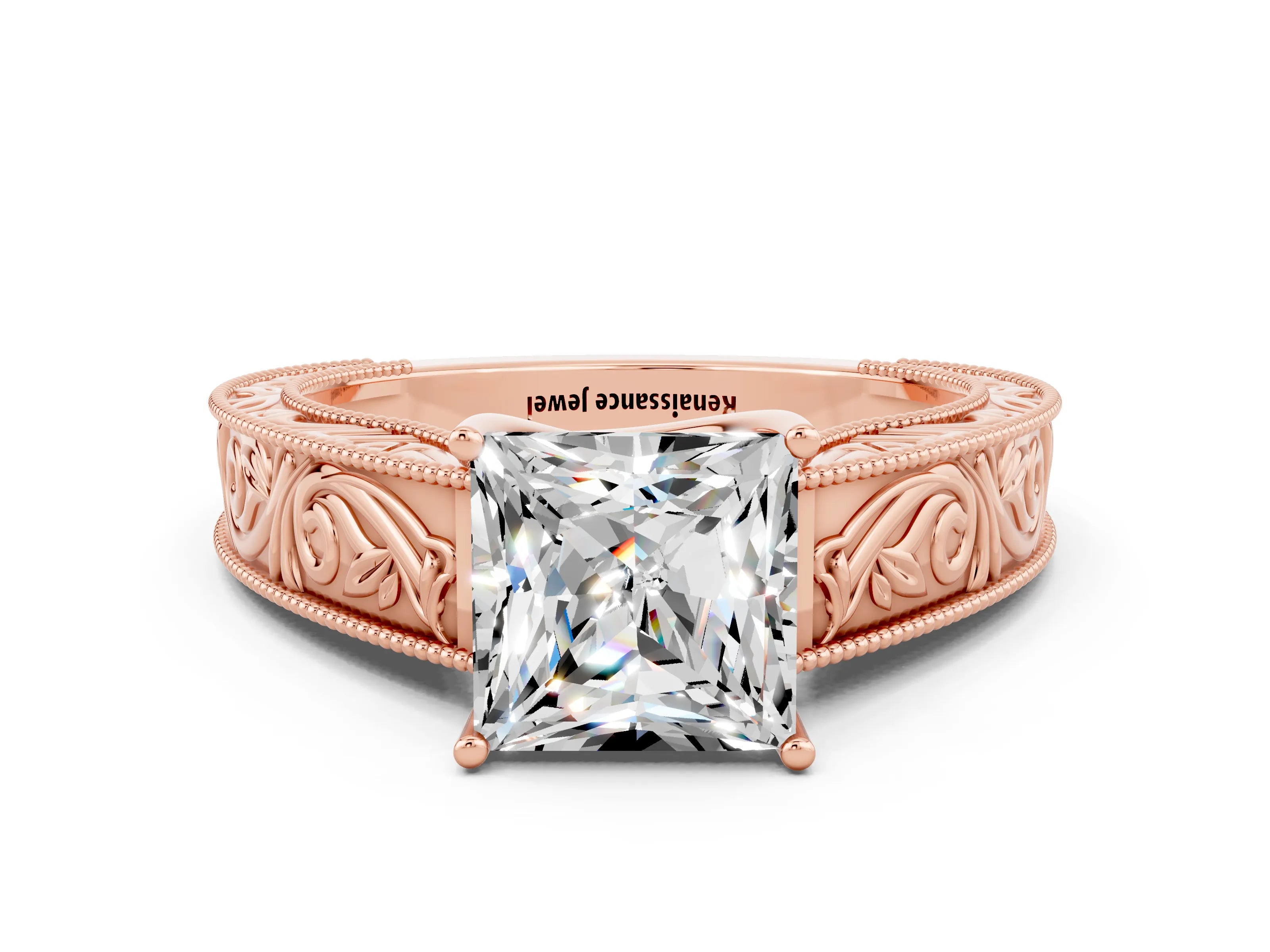 Rose gold Princess Cut Moissanite Solitaire Ring with Engraved Band and Four-Prong Setting