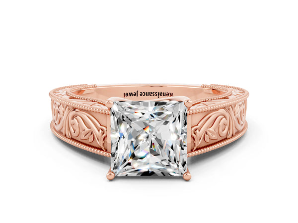 Rose gold Princess Cut Moissanite Solitaire Ring with Engraved Band and Four-Prong Setting