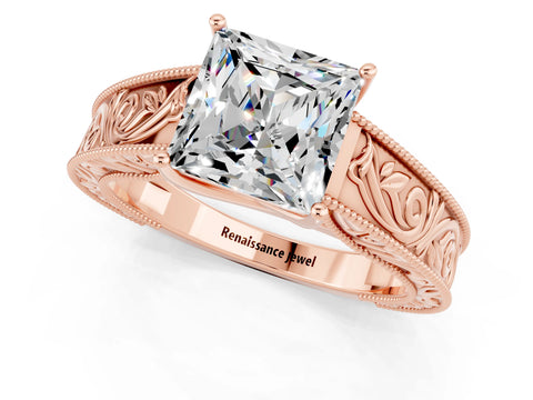 Rose gold Princess Cut Moissanite Solitaire Ring with Engraved Band and Four-Prong Setting_1