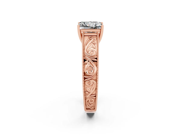 Rose gold Princess Cut Moissanite Solitaire Ring with Engraved Band and Four-Prong Setting