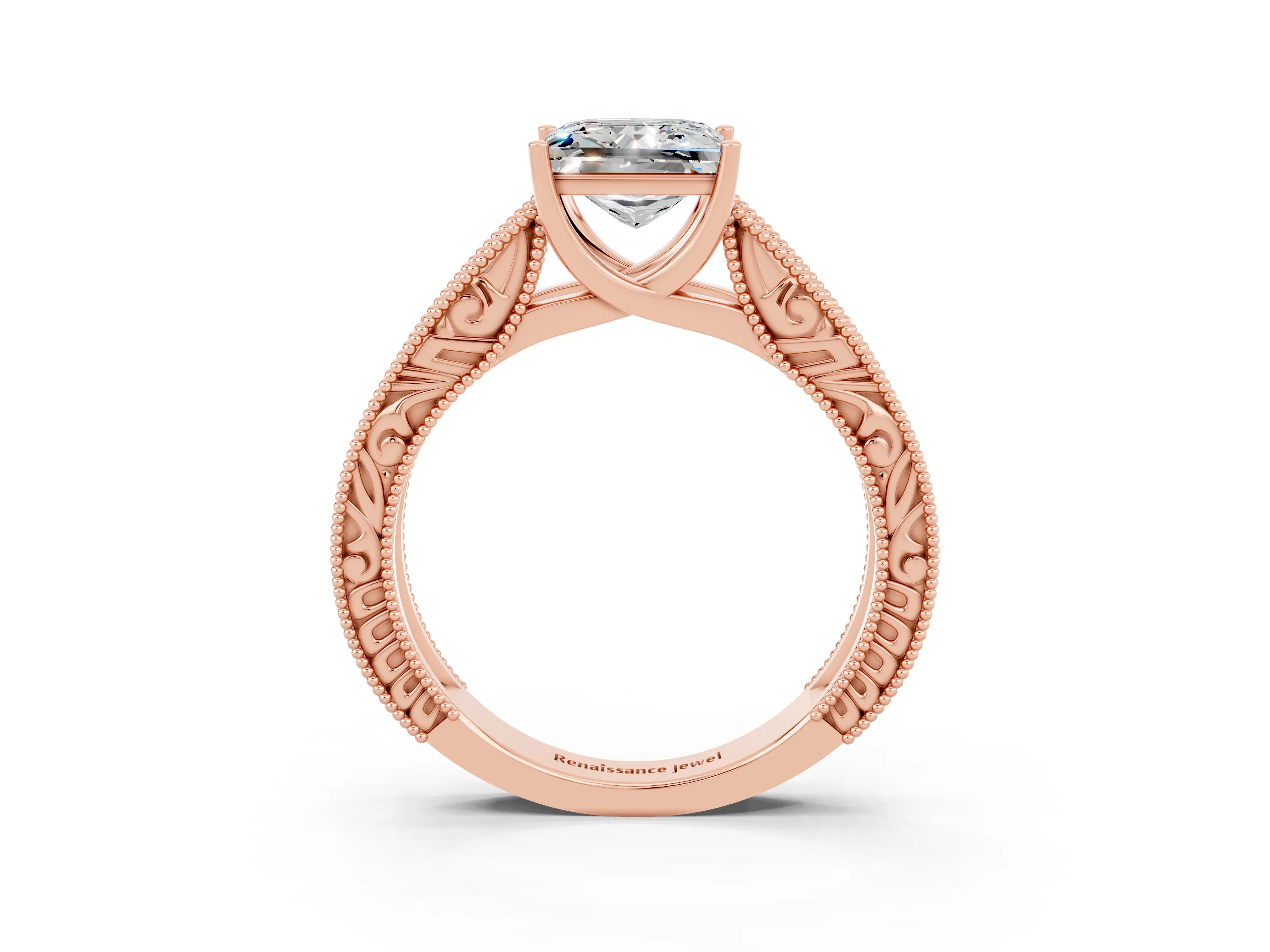 Rose gold Princess Cut Moissanite Solitaire Ring with Engraved Band and Four-Prong Setting_3