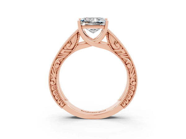 Rose gold Princess Cut Moissanite Solitaire Ring with Engraved Band and Four-Prong Setting