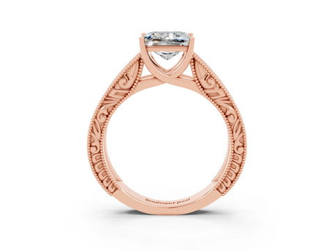 Rose gold Princess Cut Moissanite Solitaire Ring with Engraved Band and Four-Prong Setting_3