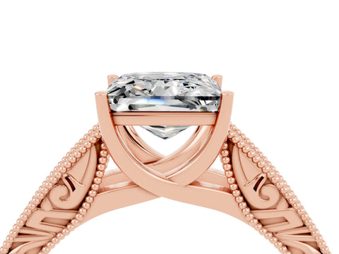 Rose gold Princess Cut Moissanite Solitaire Ring with Engraved Band and Four-Prong Setting_4