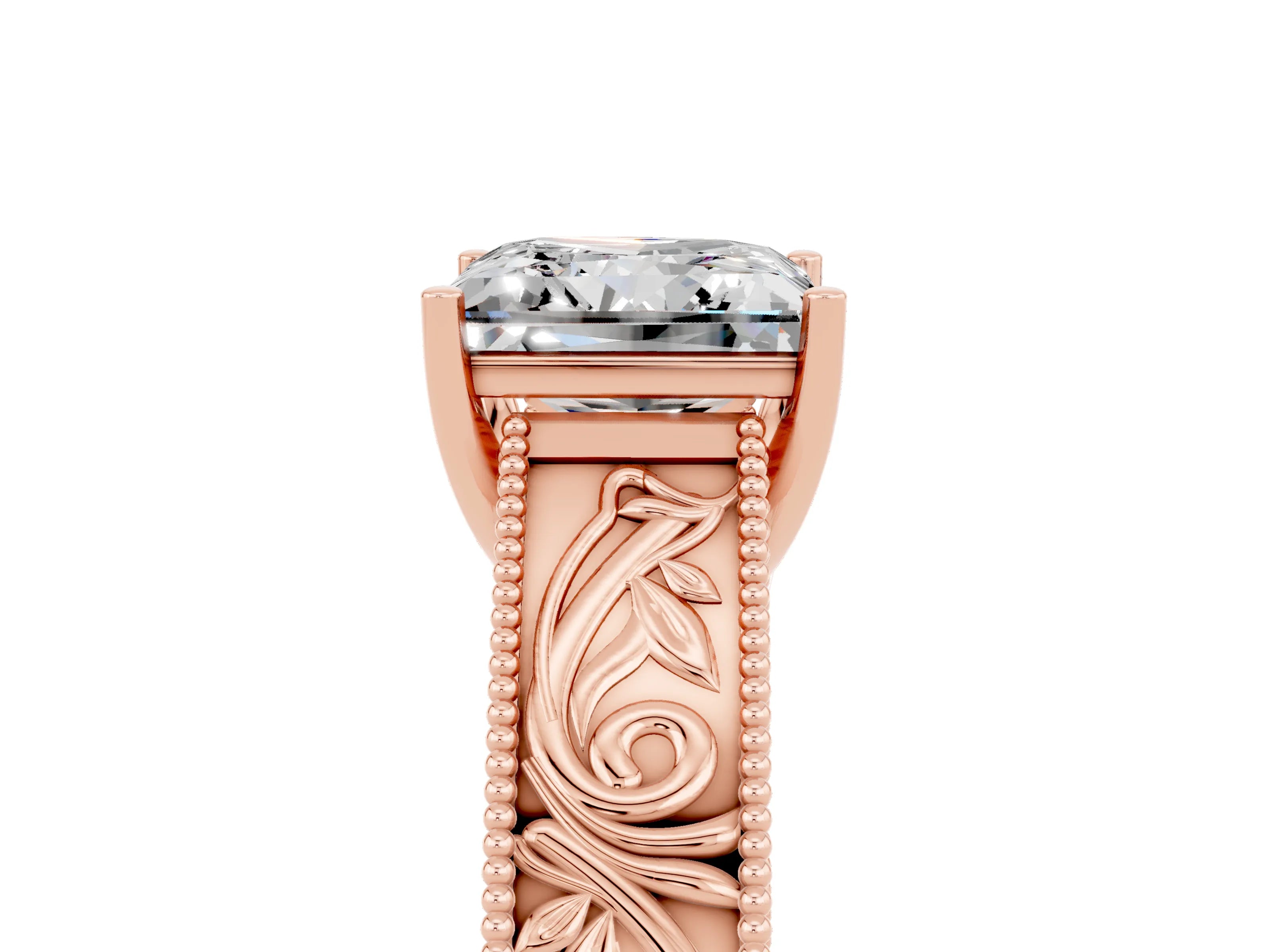 Rose gold Princess Cut Moissanite Solitaire Ring with Engraved Band and Four-Prong Setting_5