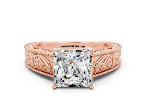Rose gold Princess Cut Moissanite Solitaire Ring with Engraved Band and Four-Prong Setting