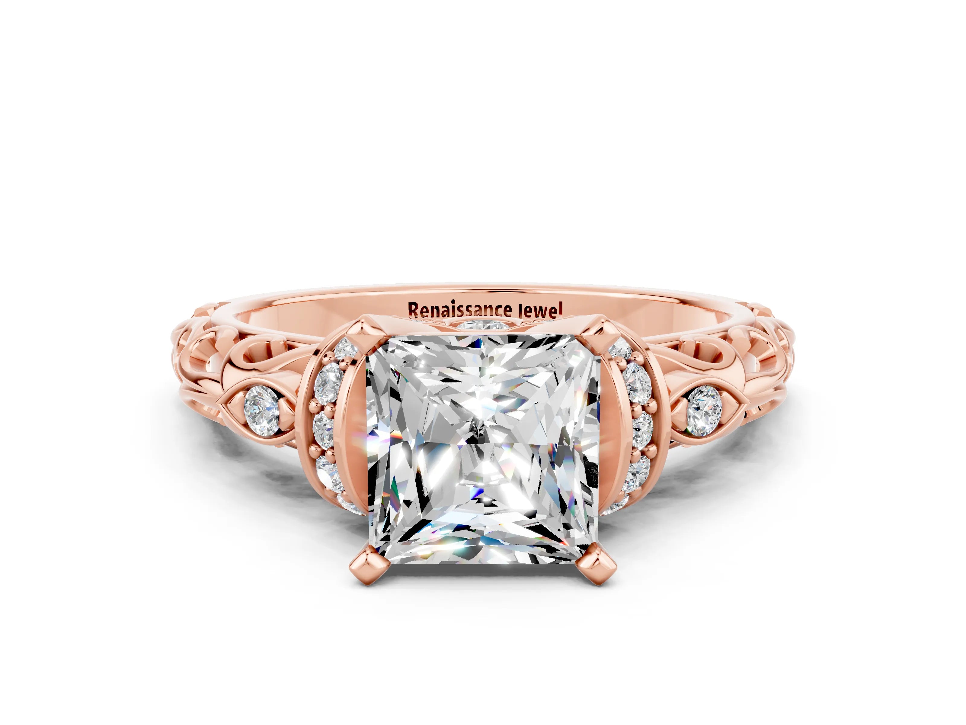 Rose gold Princess Cut Moissanite Solitaire Ring with Filigree Band and Four-Prong Setting_24