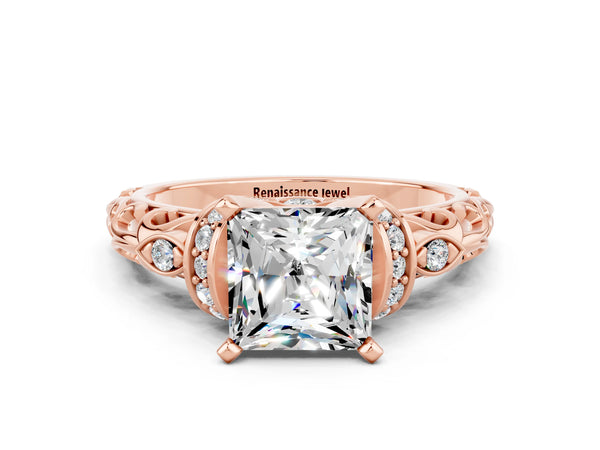 Rose gold Princess Cut Moissanite Solitaire Ring with Filigree Band and Four-Prong Setting