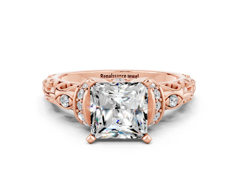 Rose gold Princess Cut Moissanite Solitaire Ring with Filigree Band and Four-Prong Setting_24