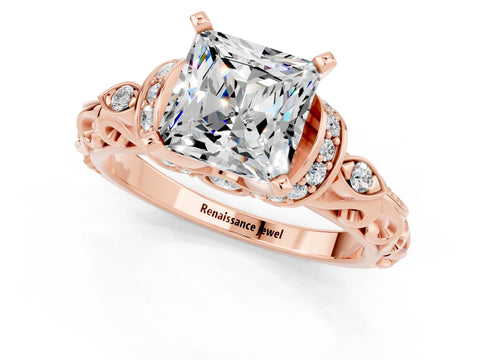 Rose gold Princess Cut Moissanite Solitaire Ring with Filigree Band and Four-Prong Setting_25
