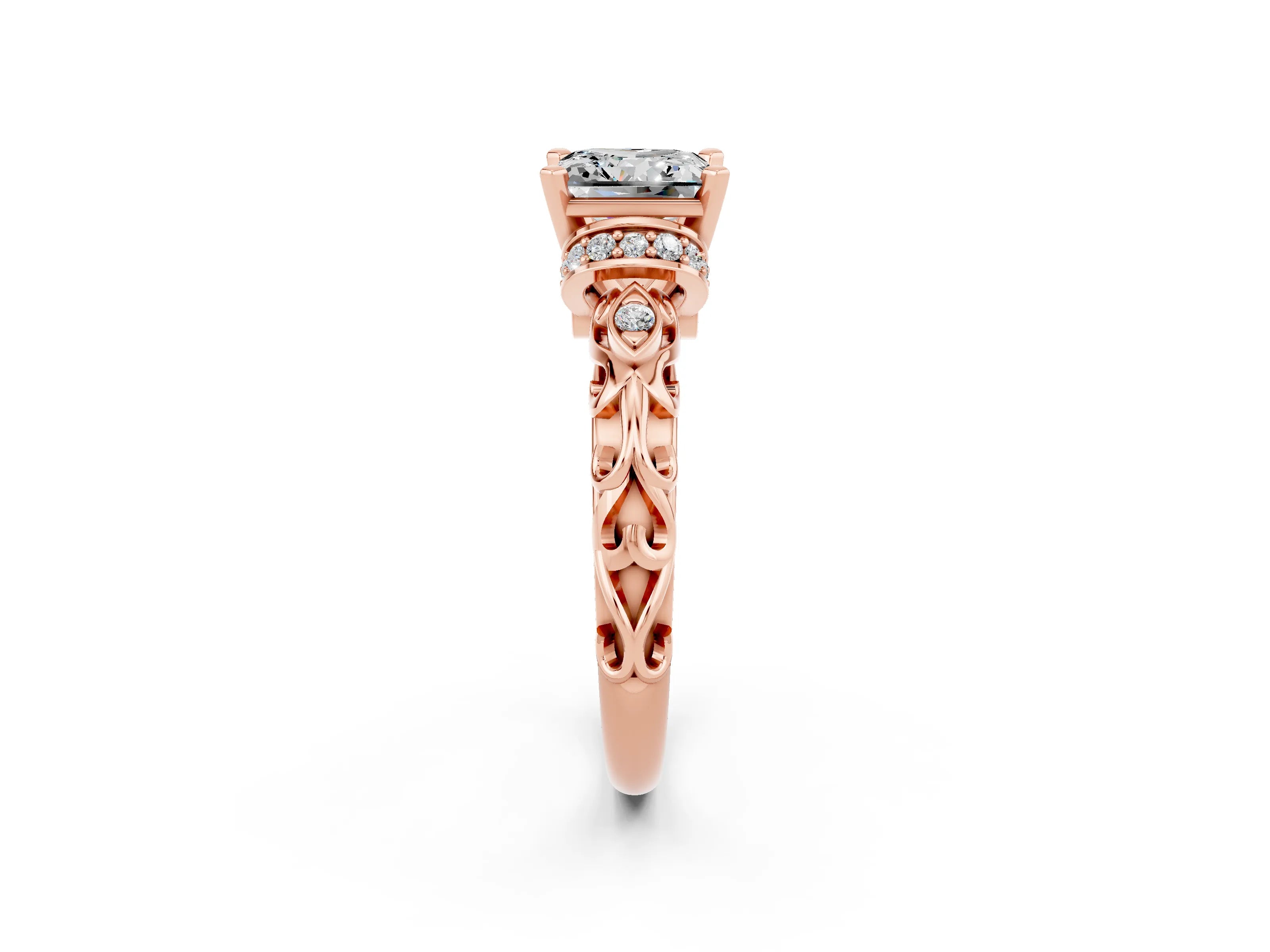 Rose gold Princess Cut Moissanite Solitaire Ring with Filigree Band and Four-Prong Setting_26