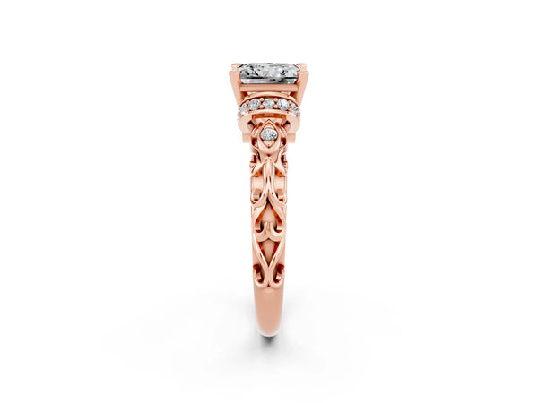 Rose gold Princess Cut Moissanite Solitaire Ring with Filigree Band and Four-Prong Setting