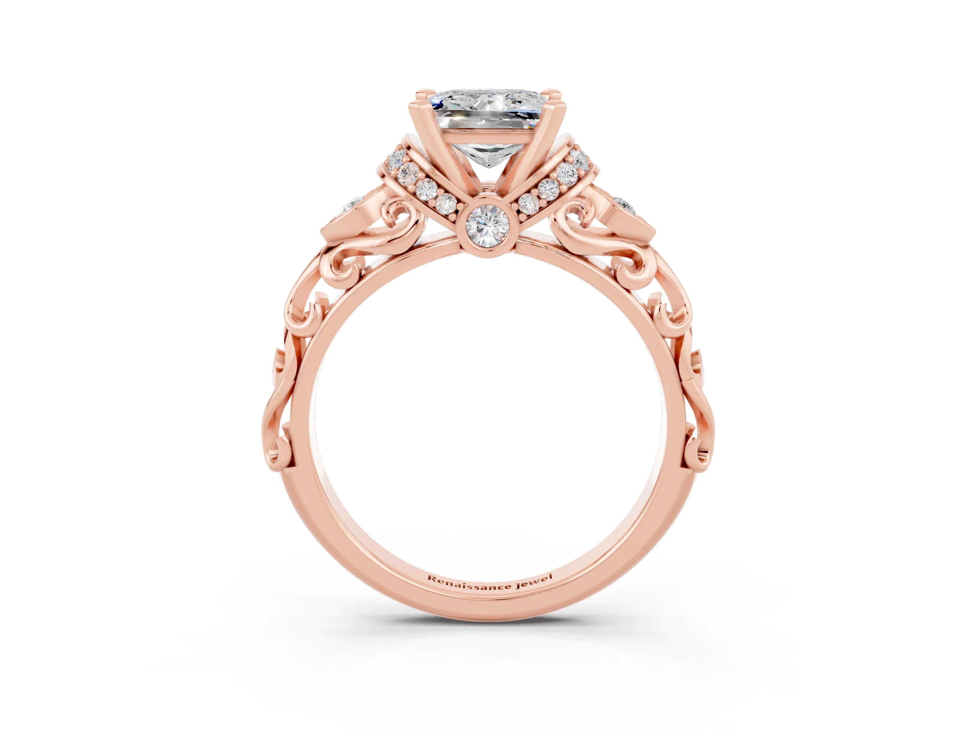 Rose gold Princess Cut Moissanite Solitaire Ring with Filigree Band and Four-Prong Setting_27