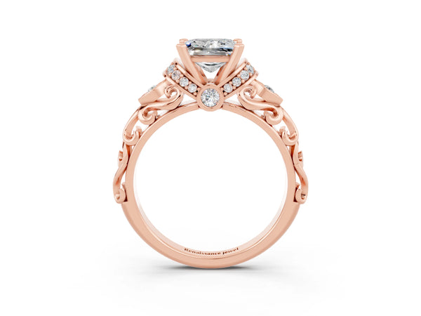 Rose gold Princess Cut Moissanite Solitaire Ring with Filigree Band and Four-Prong Setting