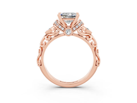 Rose gold Princess Cut Moissanite Solitaire Ring with Filigree Band and Four-Prong Setting_27