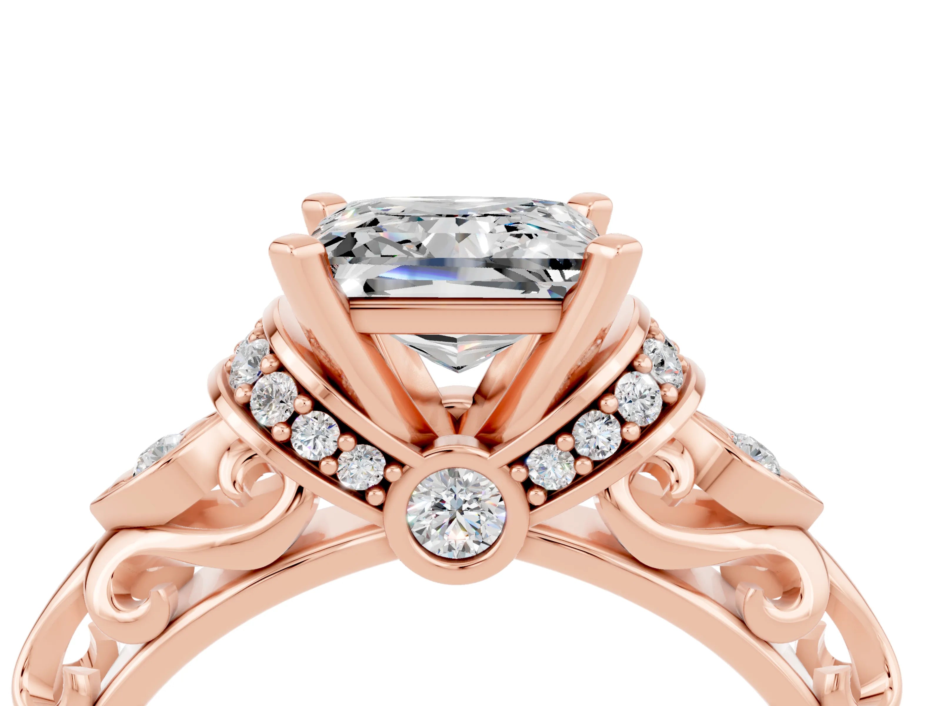 Rose gold Princess Cut Moissanite Solitaire Ring with Filigree Band and Four-Prong Setting_28