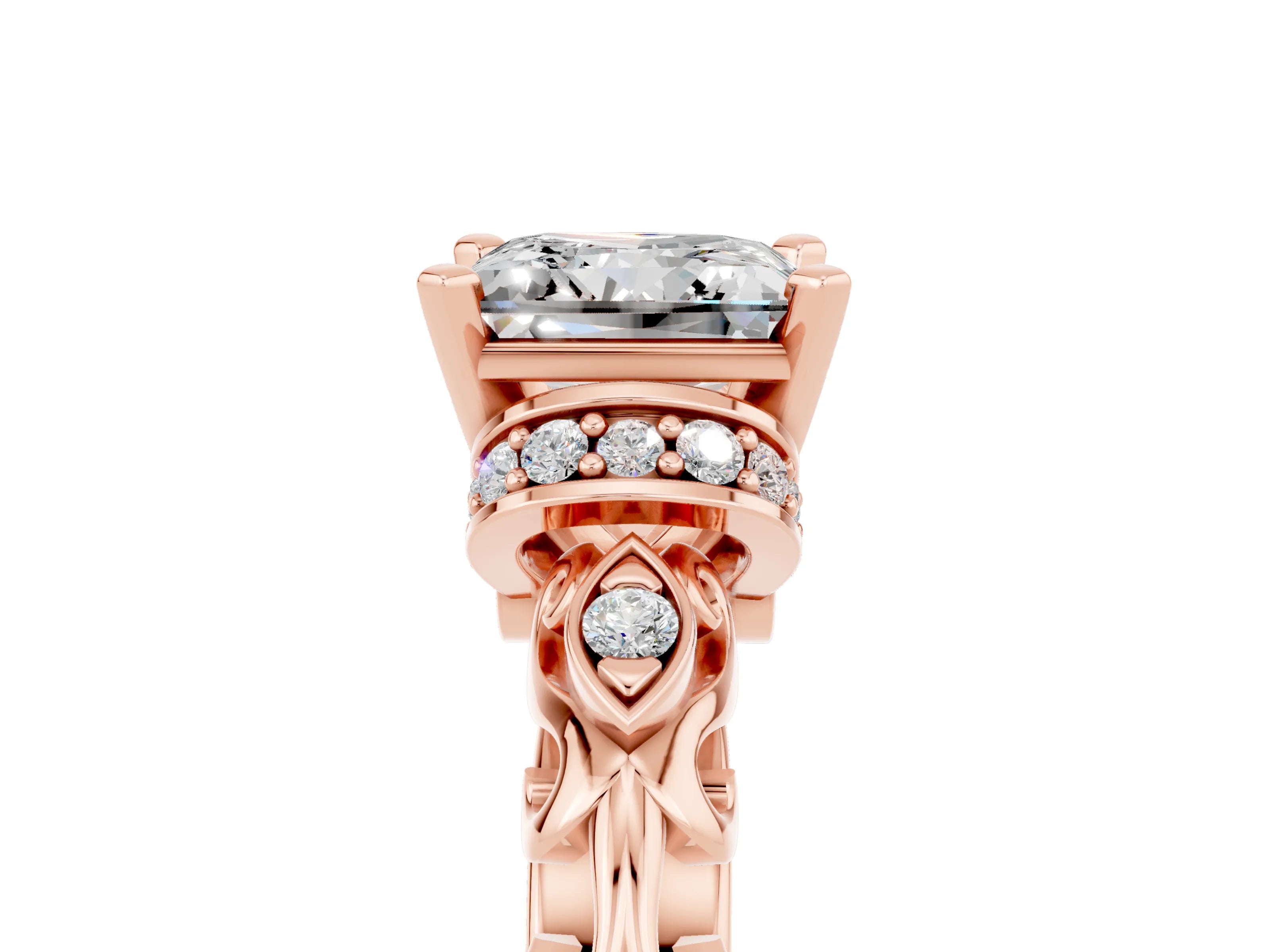 Rose gold Princess Cut Moissanite Solitaire Ring with Filigree Band and Four-Prong Setting_29
