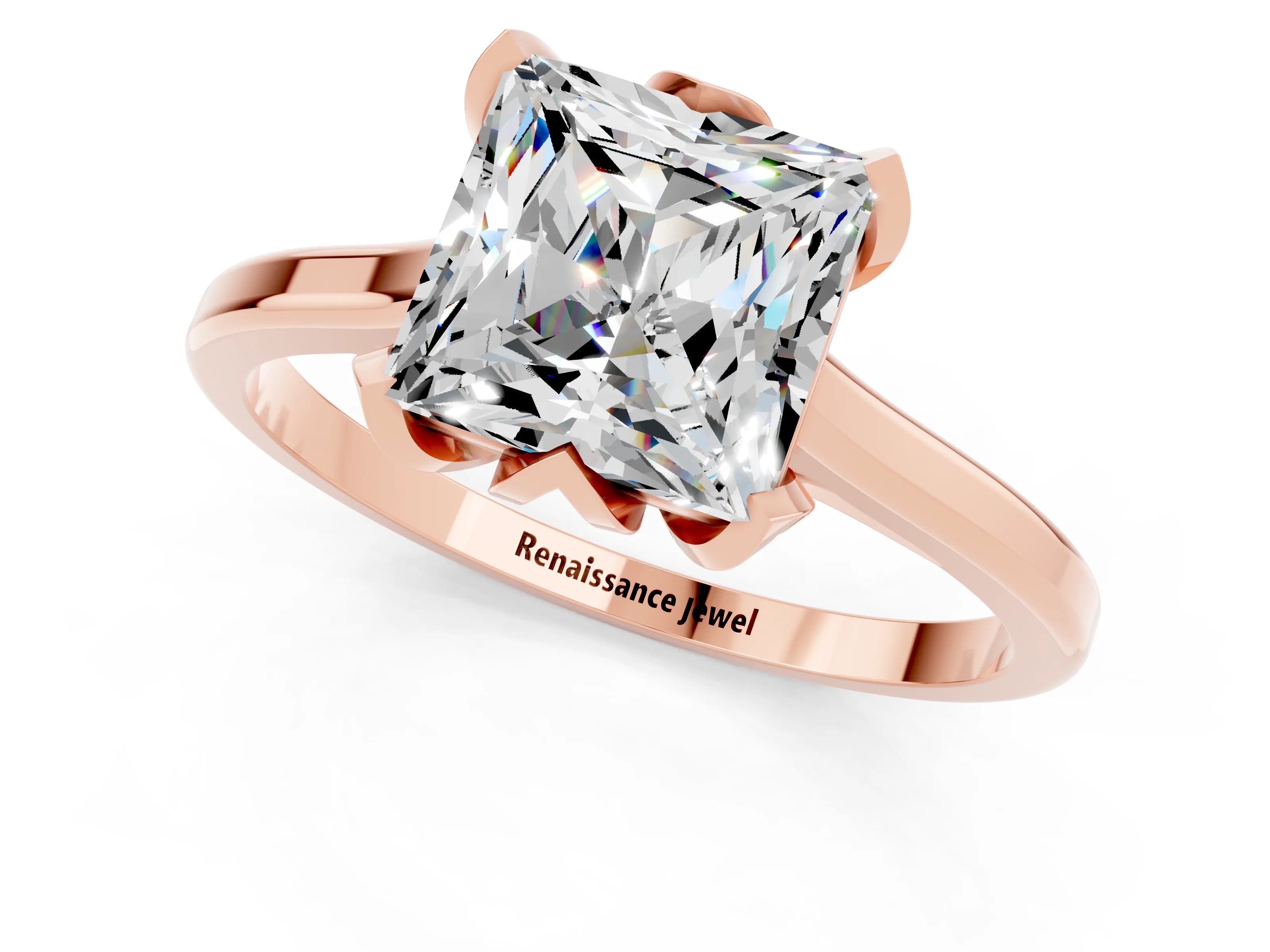 Rose gold Princess Cut Moissanite Solitaire Ring with Flower Prong Setting and Classic Band_37