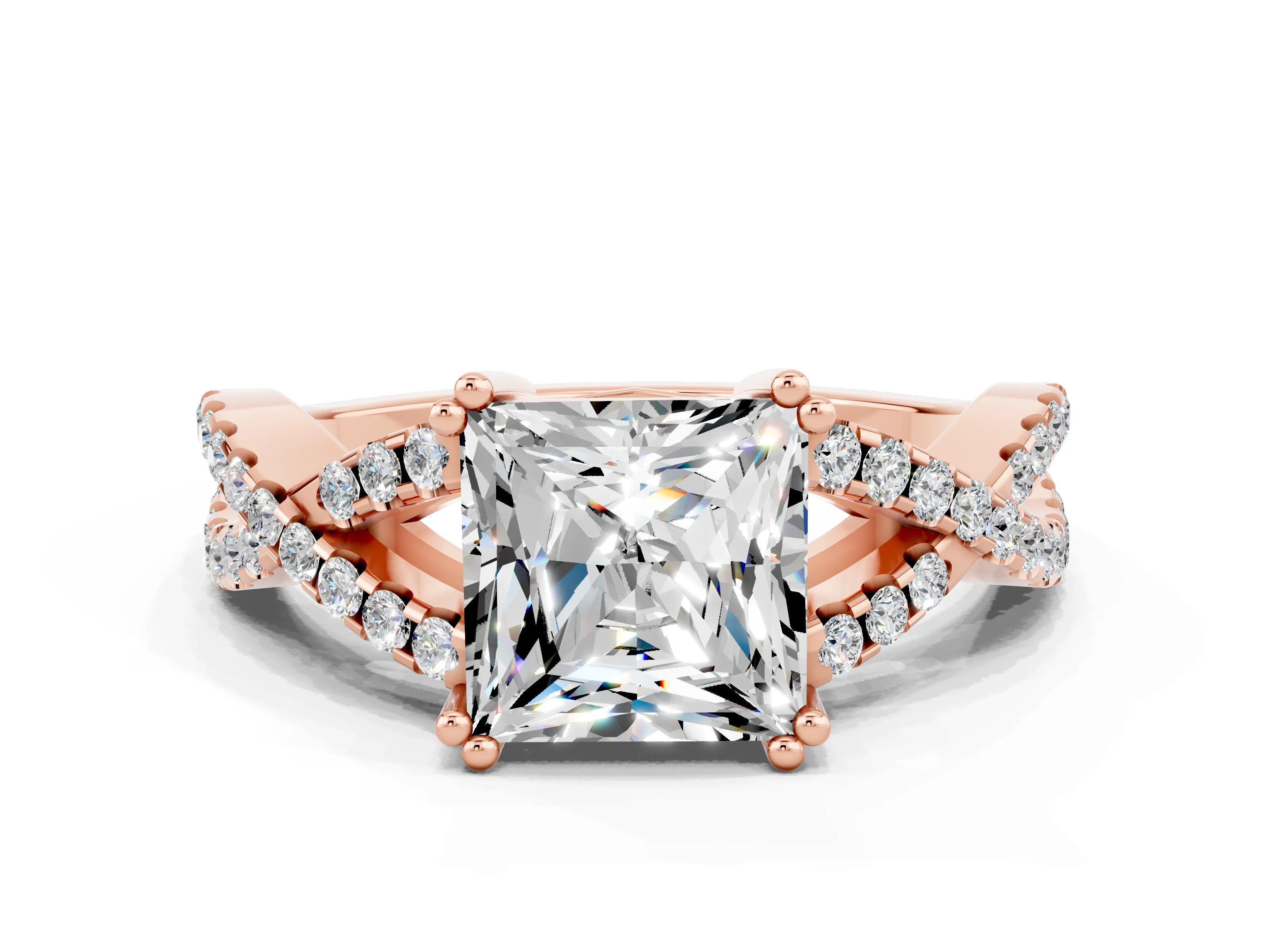 Rose gold Princess Cut Moissanite Solitaire Ring with Four-Prong Setting and Twisted Pavé Band