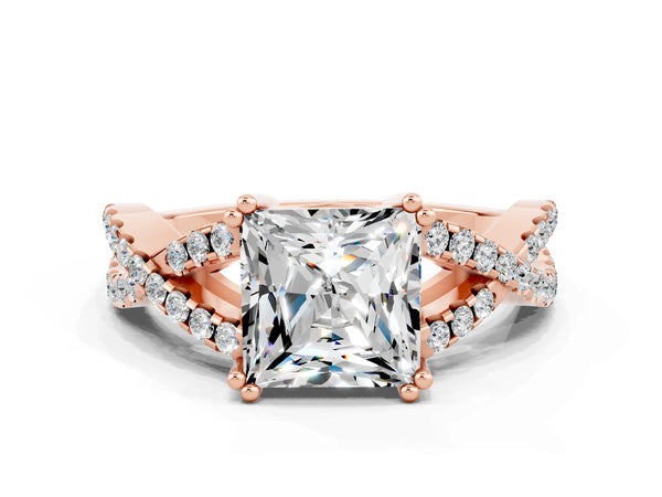 Rose gold Princess Cut Moissanite Solitaire Ring with Four-Prong Setting and Twisted Pavé Band