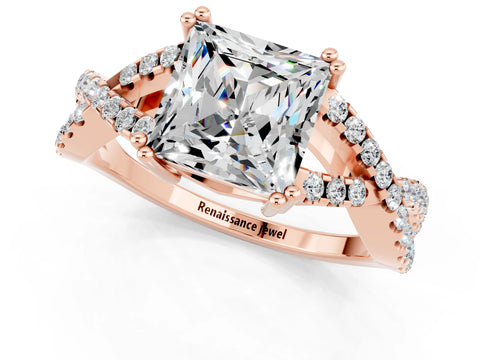 Rose gold Princess Cut Moissanite Solitaire Ring with Four-Prong Setting and Twisted Pavé Band_1