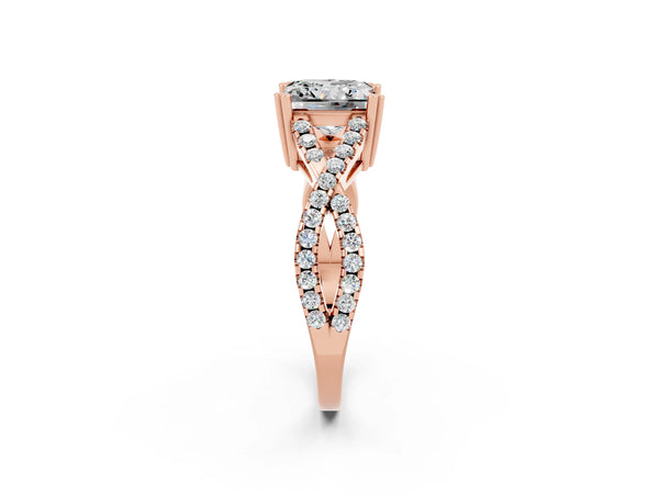 Rose gold Princess Cut Moissanite Solitaire Ring with Four-Prong Setting and Twisted Pavé Band