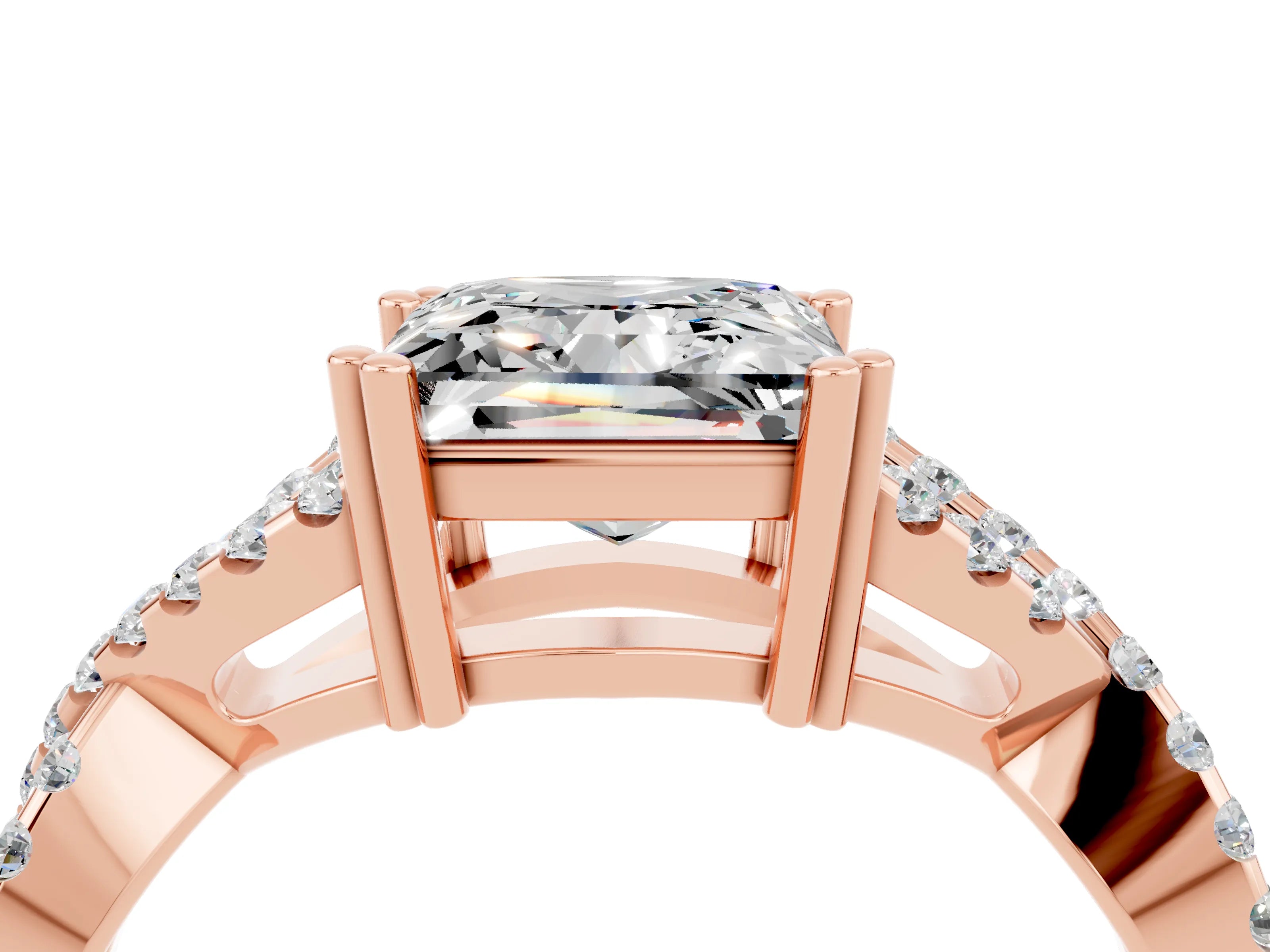 Rose gold Princess Cut Moissanite Solitaire Ring with Four-Prong Setting and Twisted Pavé Band_4