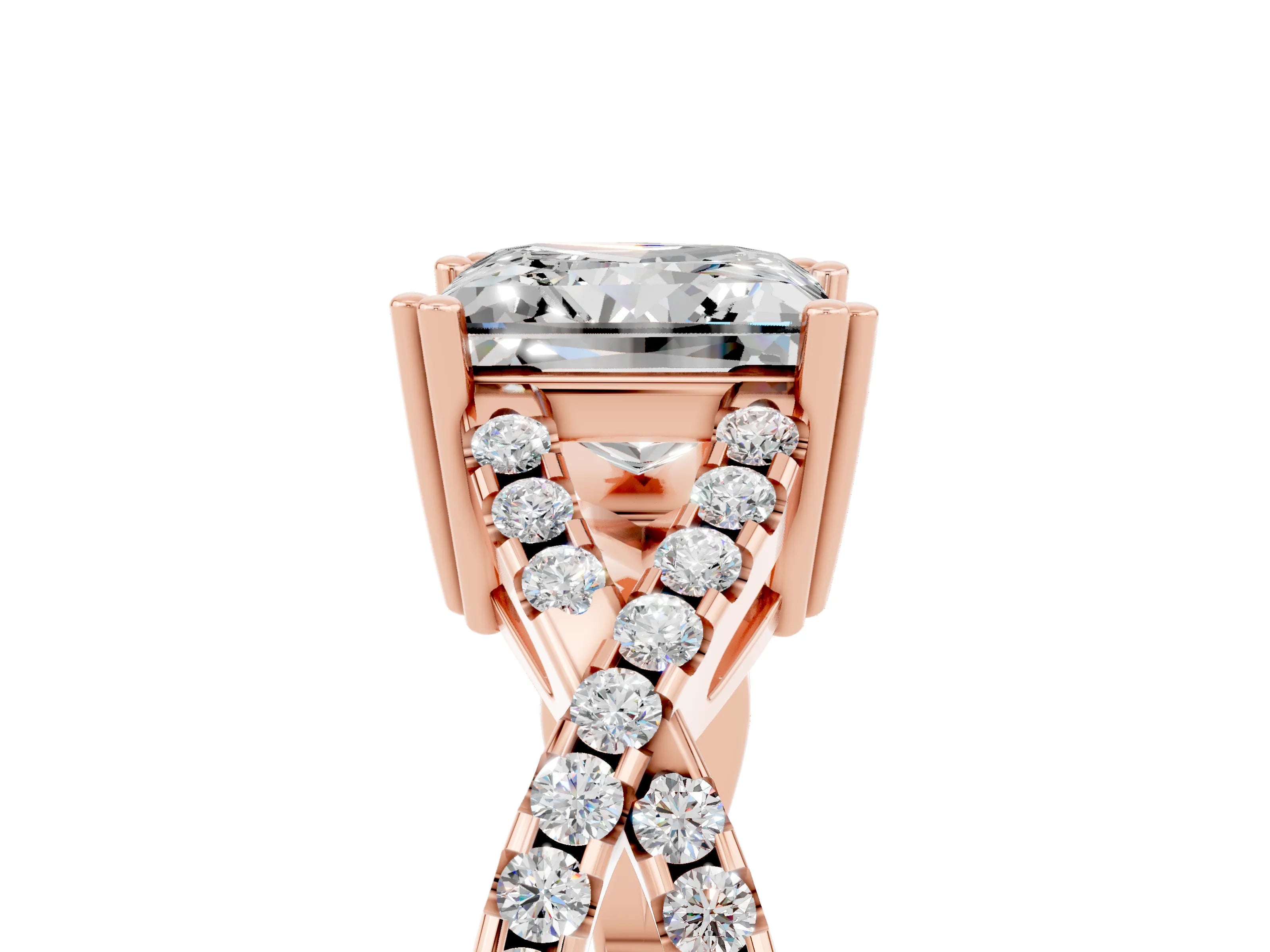 Rose gold Princess Cut Moissanite Solitaire Ring with Four-Prong Setting and Twisted Pavé Band_5