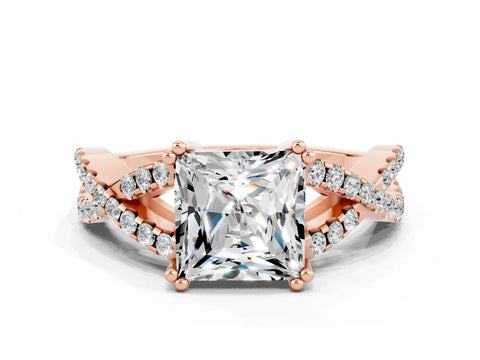 Rose gold Princess Cut Moissanite Solitaire Ring with Four-Prong Setting and Twisted Pavé Band