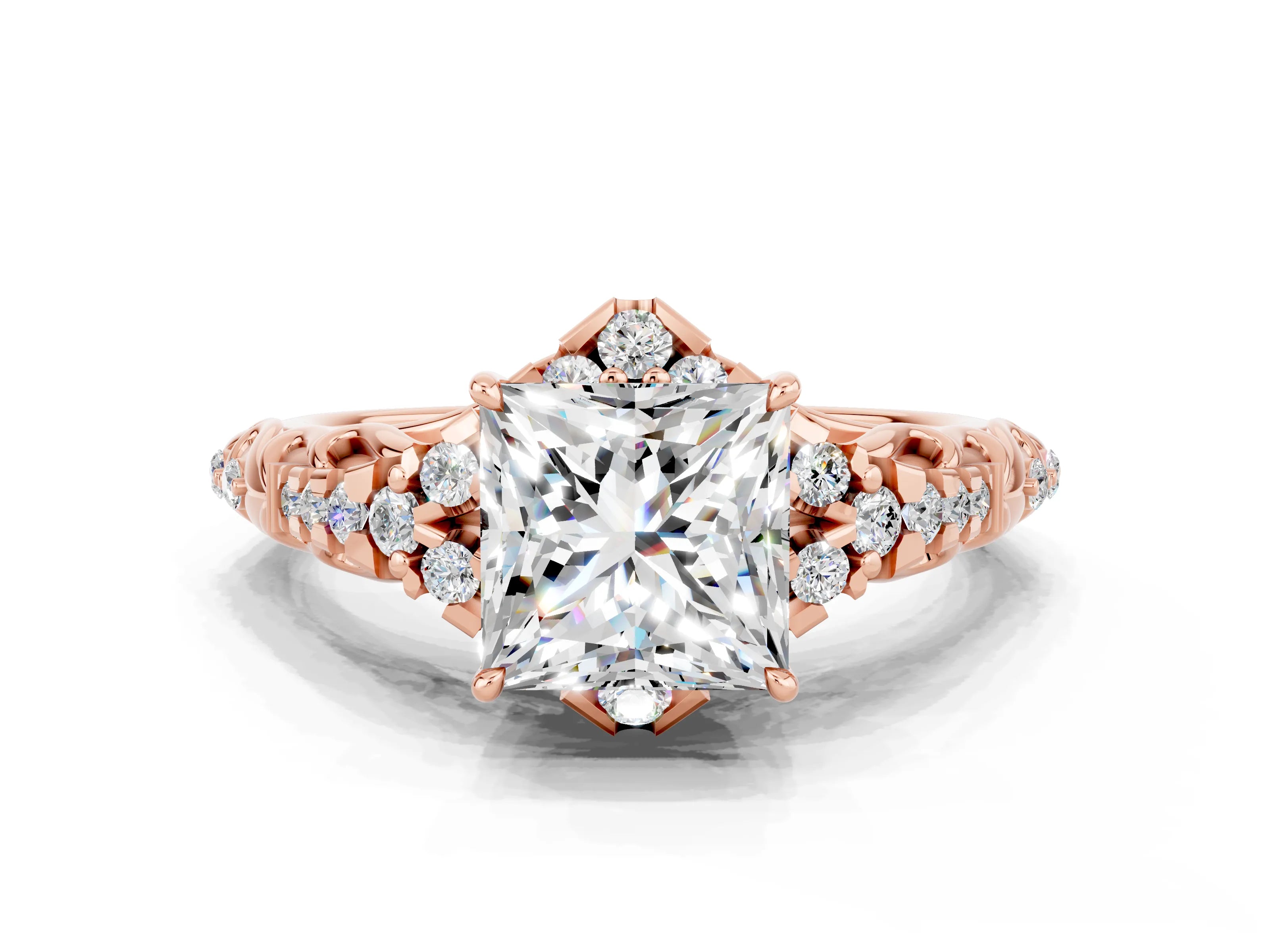 Rose gold Princess Cut Moissanite Solitaire Ring with Hidden Halo and Pavé Band_12