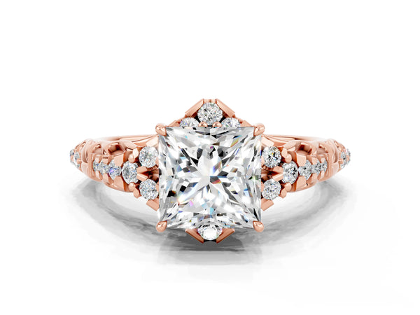 Rose gold Princess Cut Moissanite Solitaire Ring with Hidden Halo and Pavé Band