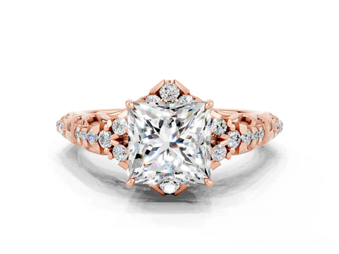Rose gold Princess Cut Moissanite Solitaire Ring with Hidden Halo and Pavé Band_12