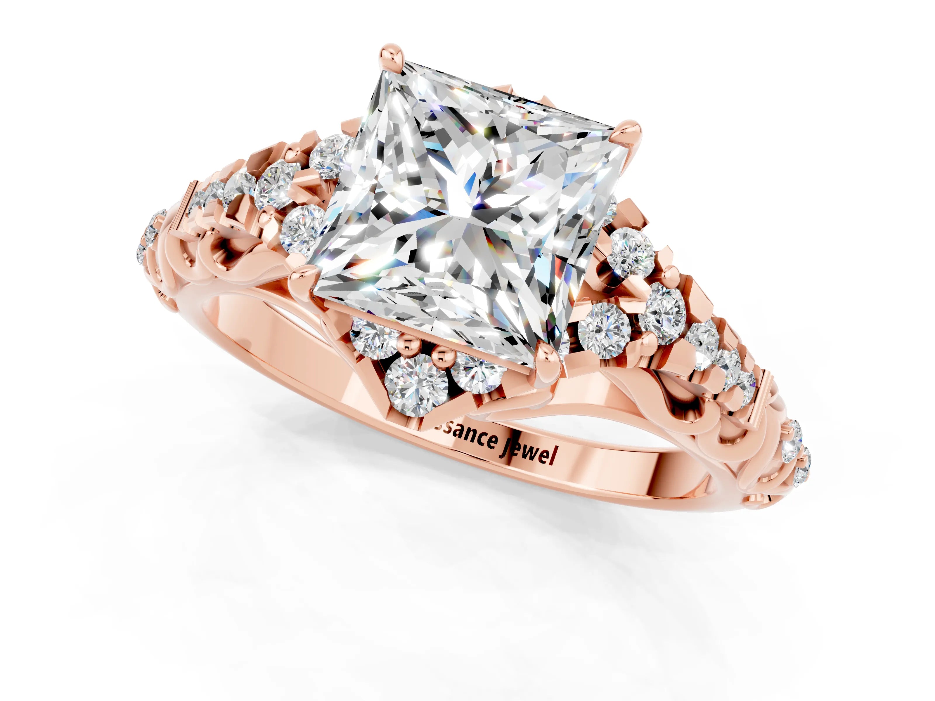 Rose gold Princess Cut Moissanite Solitaire Ring with Hidden Halo and Pavé Band_13