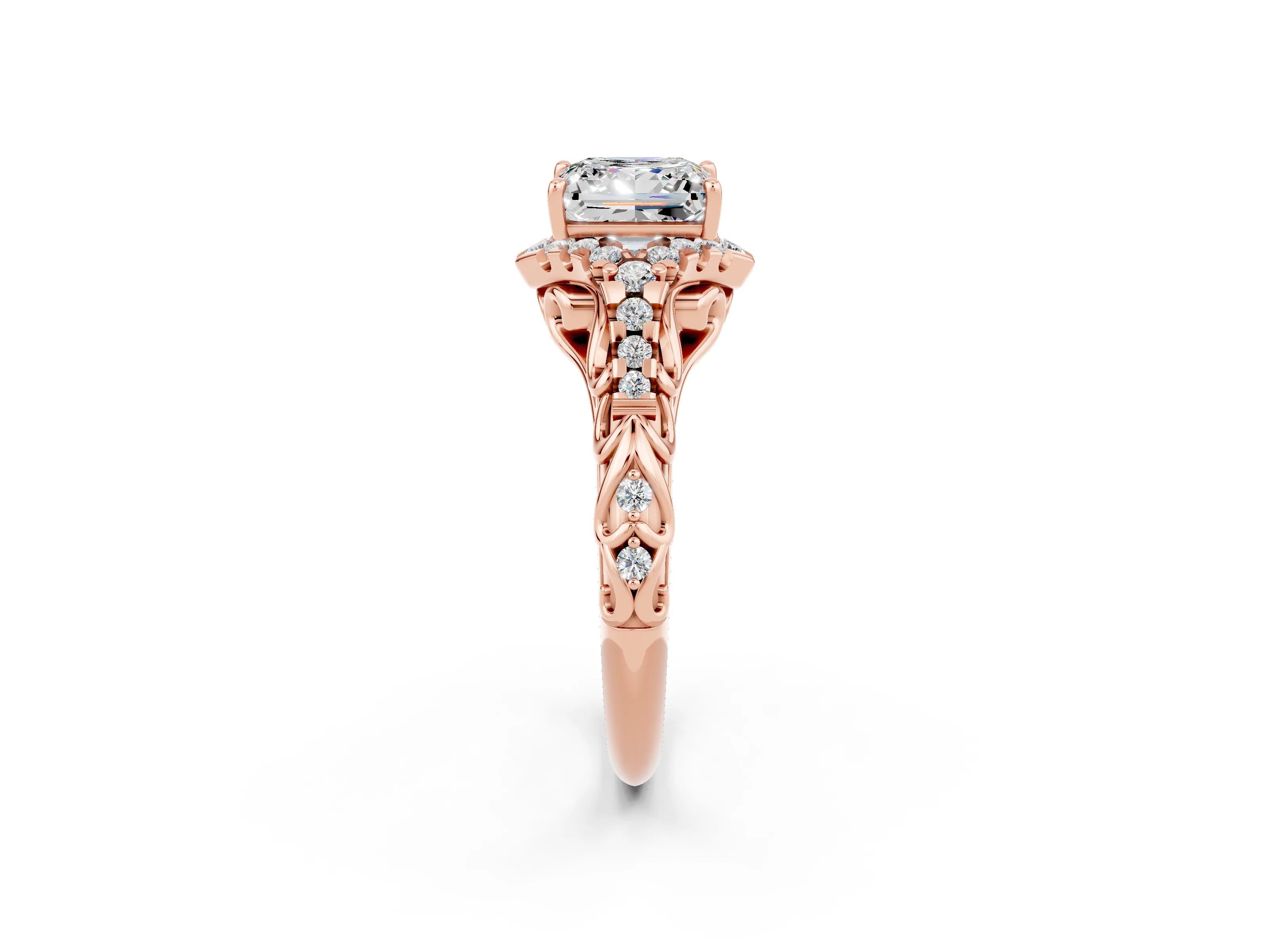 Rose gold Princess Cut Moissanite Solitaire Ring with Hidden Halo and Pavé Band_14