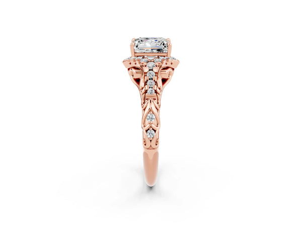 Rose gold Princess Cut Moissanite Solitaire Ring with Hidden Halo and Pavé Band