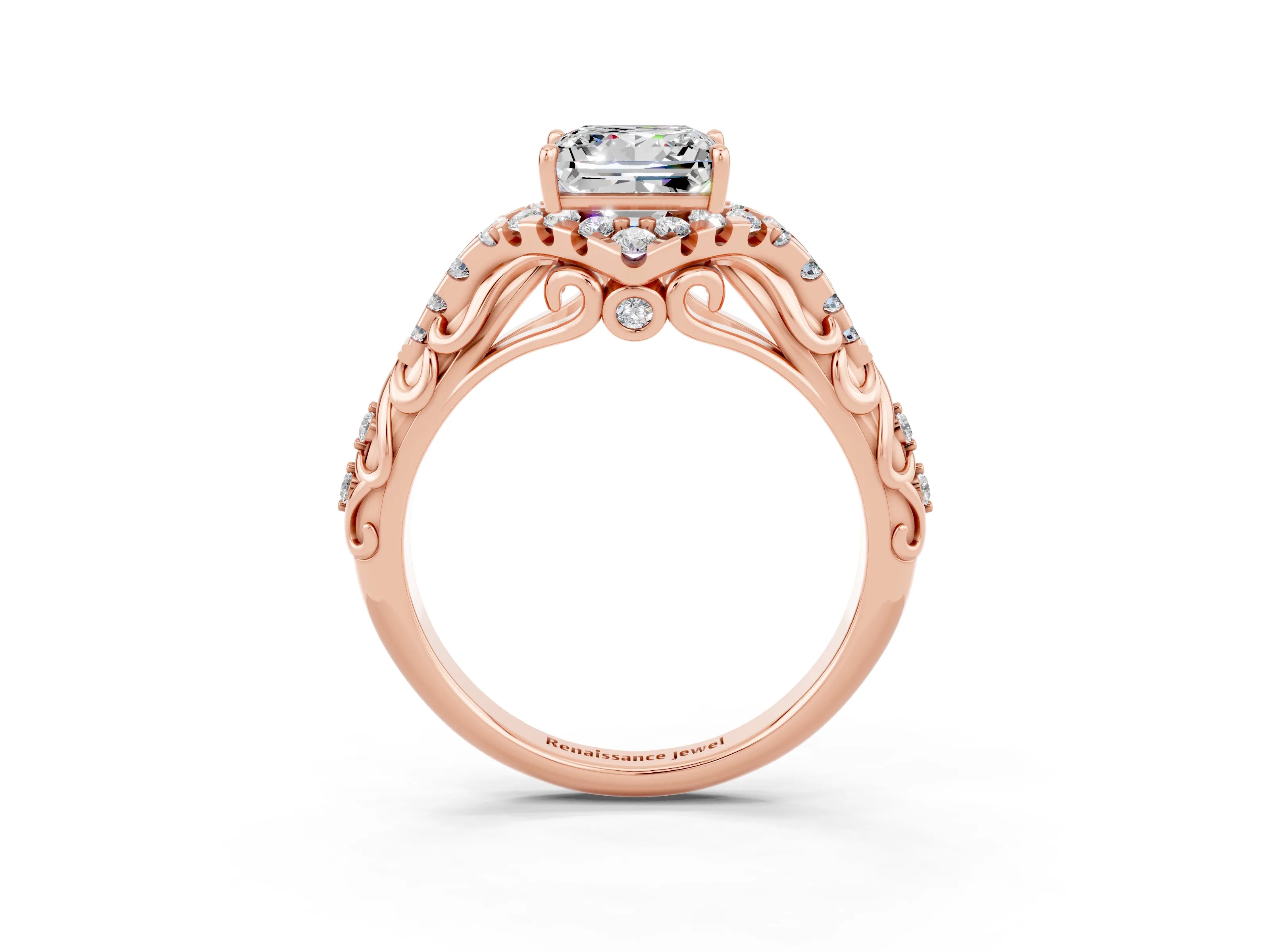 Rose gold Princess Cut Moissanite Solitaire Ring with Hidden Halo and Pavé Band_15