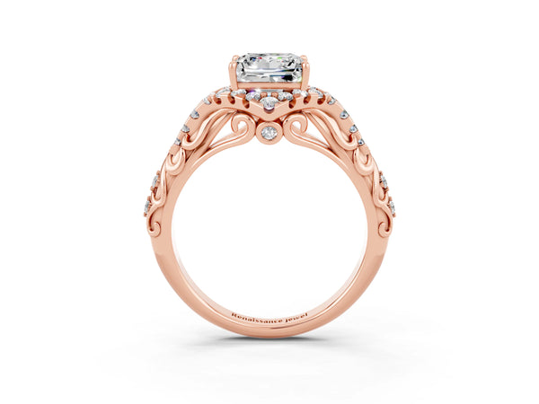 Rose gold Princess Cut Moissanite Solitaire Ring with Hidden Halo and Pavé Band