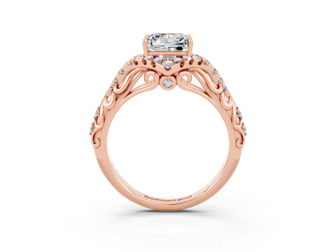 Rose gold Princess Cut Moissanite Solitaire Ring with Hidden Halo and Pavé Band_15