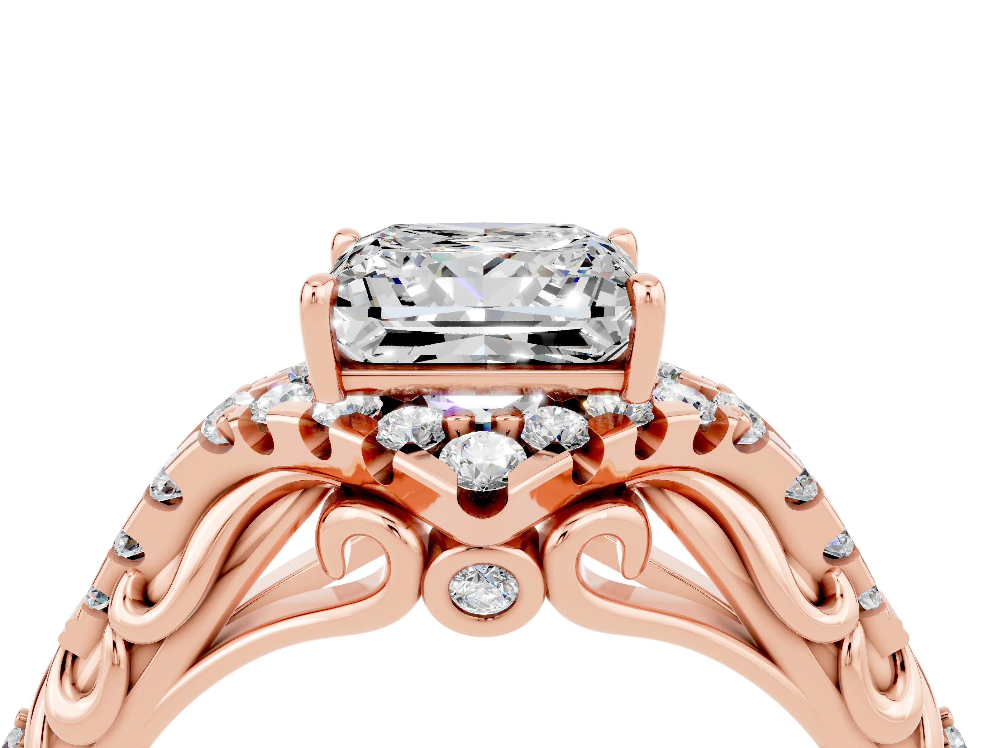 Rose gold Princess Cut Moissanite Solitaire Ring with Hidden Halo and Pavé Band_16