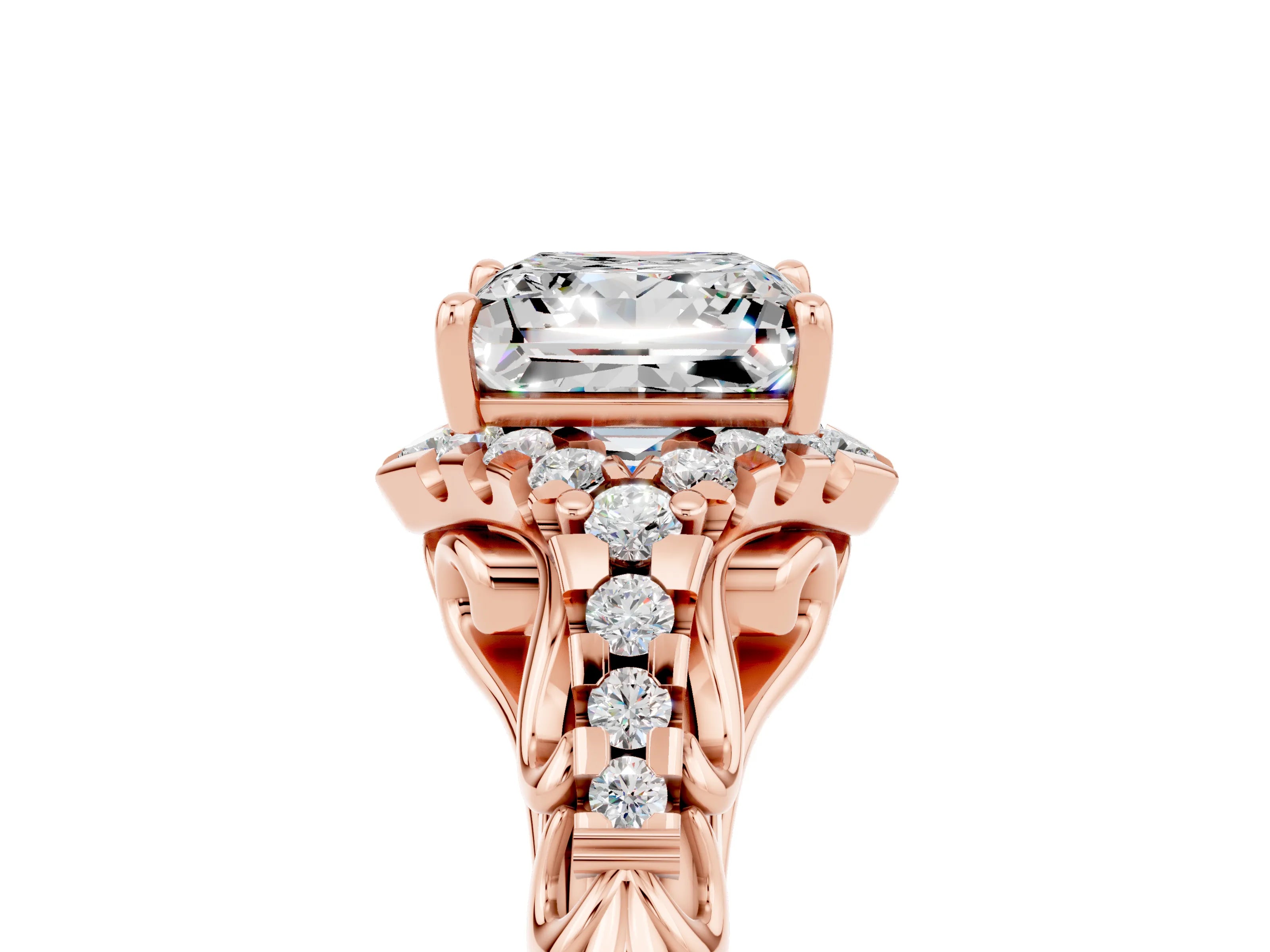 Rose gold Princess Cut Moissanite Solitaire Ring with Hidden Halo and Pavé Band_17