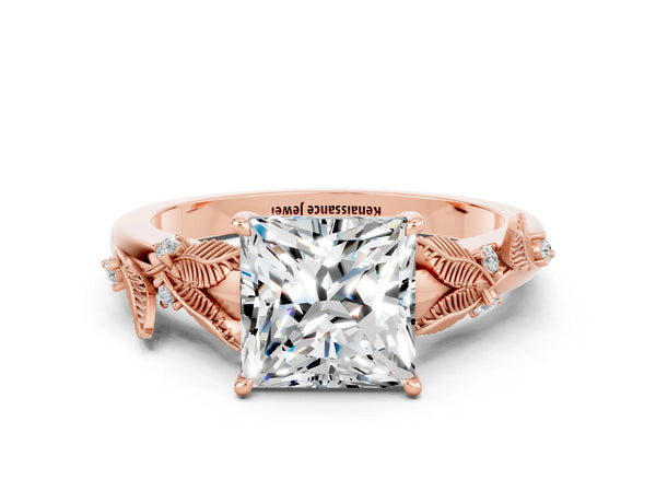 Rose gold Princess Cut Moissanite Solitaire Ring with Leaf Motif Band and Four-Prong Setting