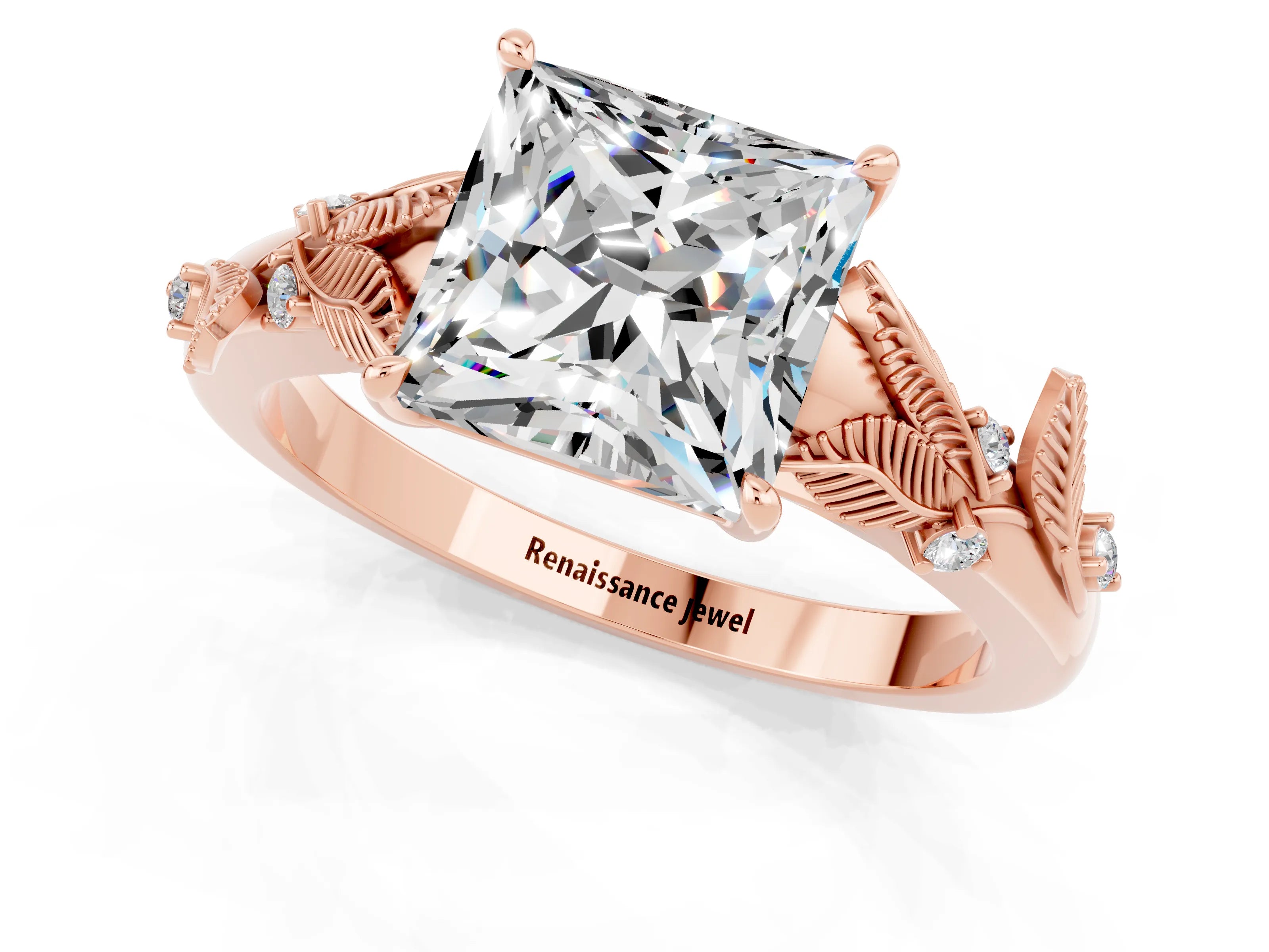 Rose gold Princess Cut Moissanite Solitaire Ring with Leaf Motif Band and Four-Prong Setting_1