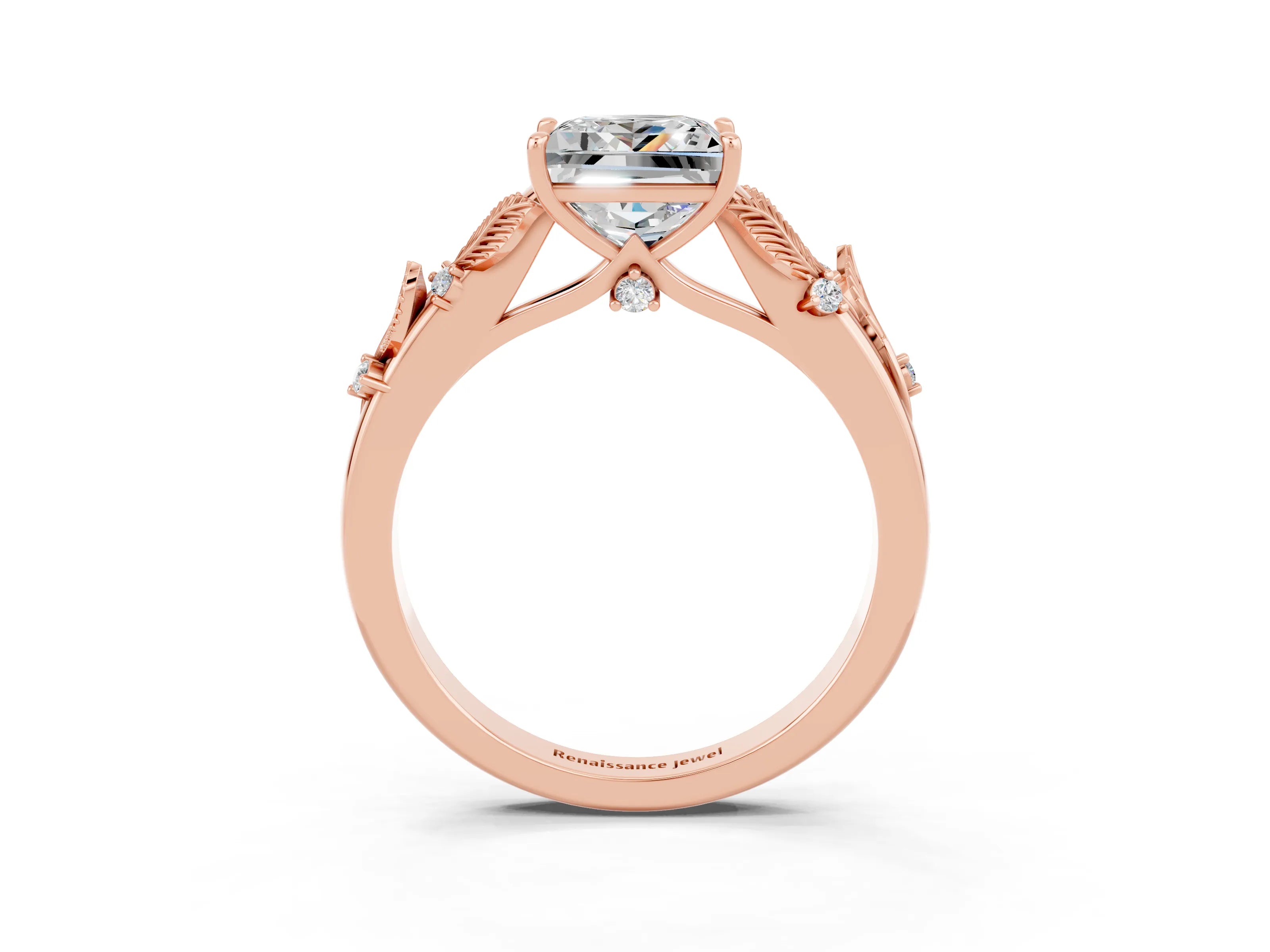 Rose gold Princess Cut Moissanite Solitaire Ring with Leaf Motif Band and Four-Prong Setting_3