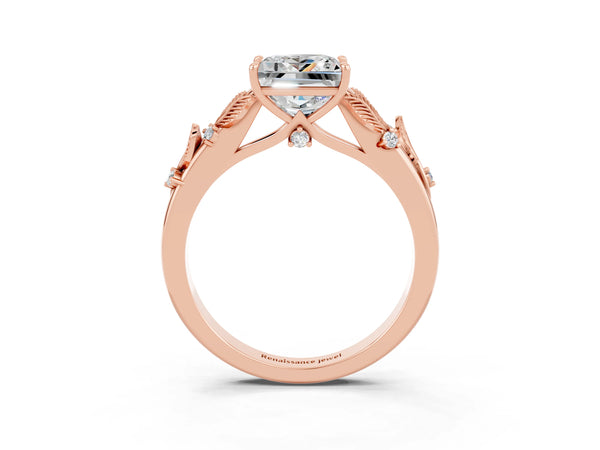 Rose gold Princess Cut Moissanite Solitaire Ring with Leaf Motif Band and Four-Prong Setting