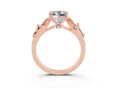 Rose gold Princess Cut Moissanite Solitaire Ring with Leaf Motif Band and Four-Prong Setting_3